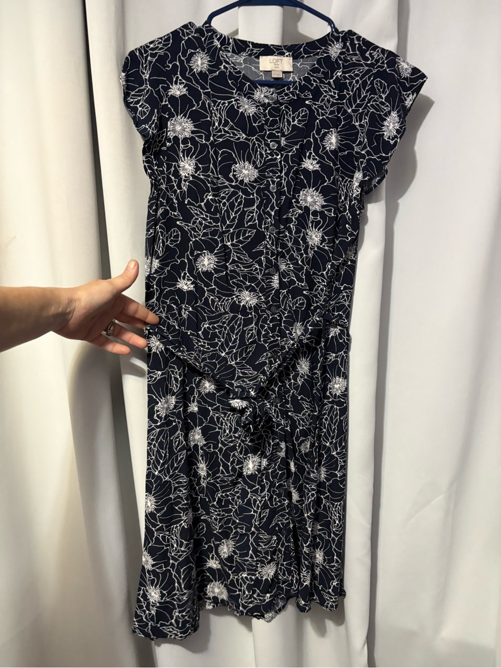 LOFT Navy and White Floral Tie-Waist Dress